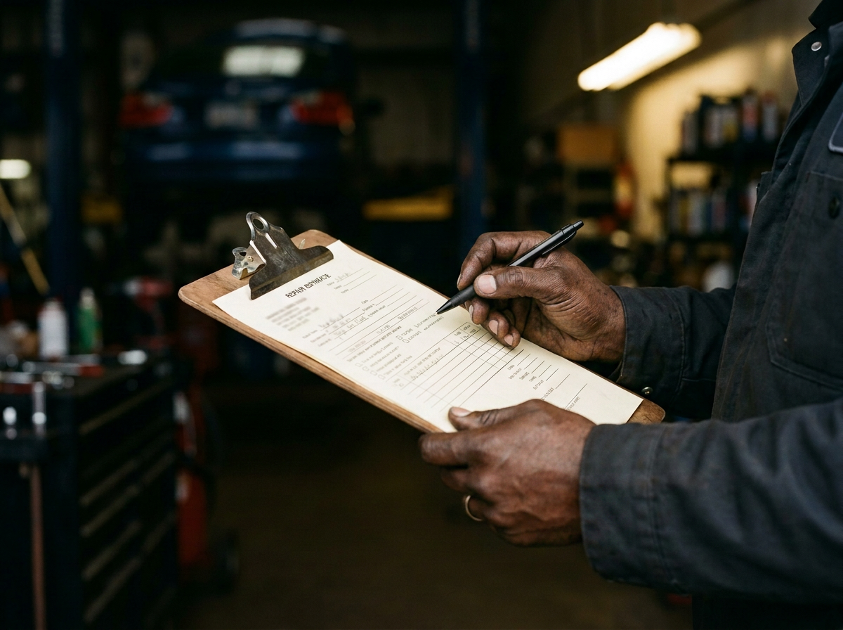 Mechanic writing a repair estimate on a clipboard in front of a car raised on a garage lift