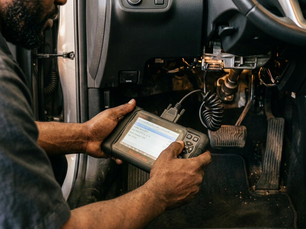 Mechanic holding a handheld OBD-II diagnostic scan tool plugged in under a car dashboard