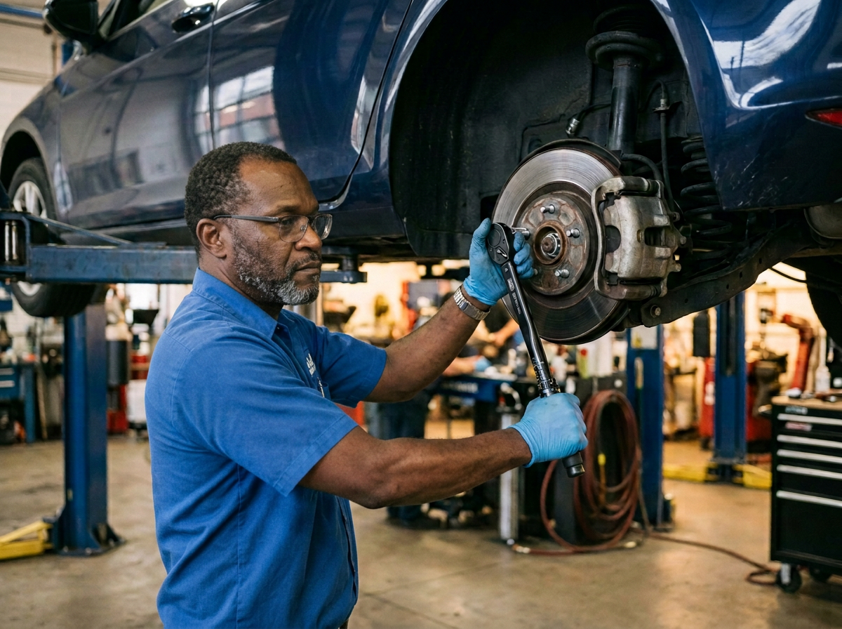 Gloved mechanic torquing a wheel hub with a torque wrench beside a brake rotor