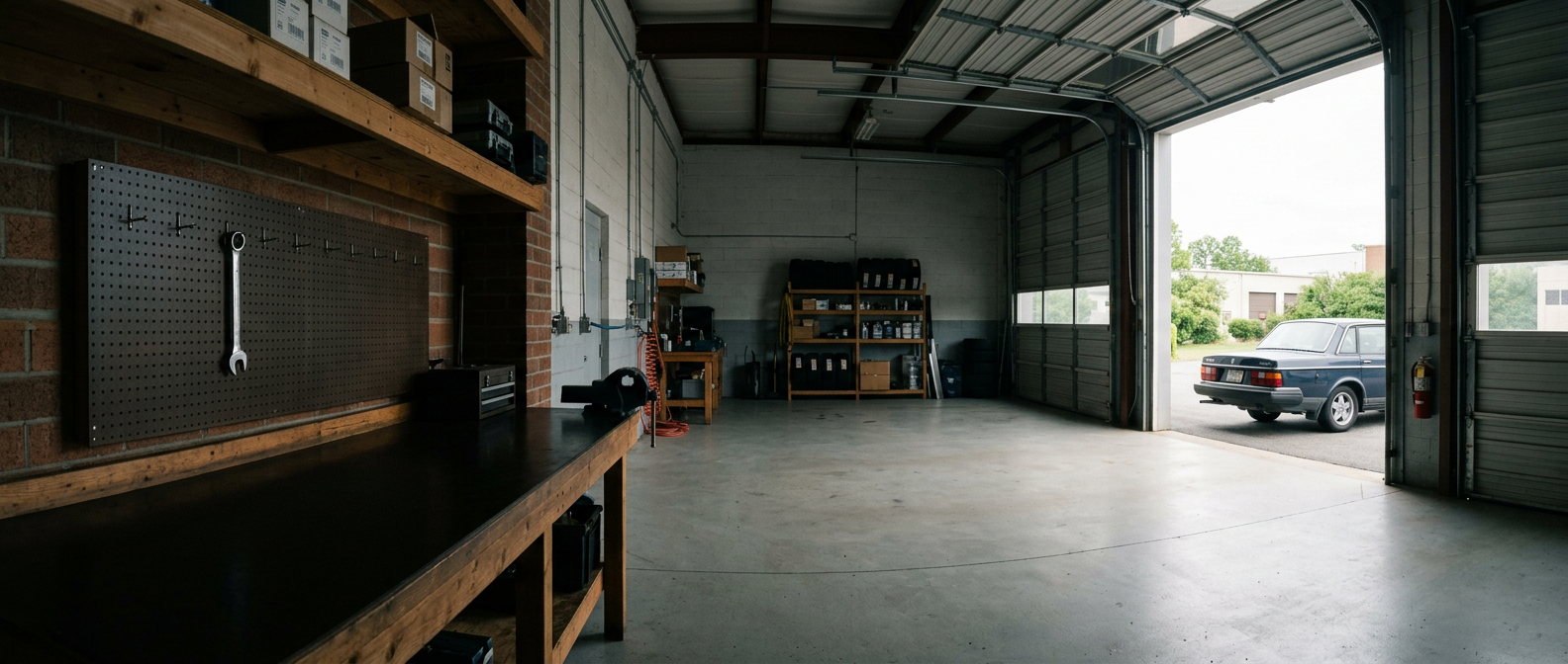 Panoramic interior of a tidy independent auto repair garage with an open bay door letting in daylight and a single wrench hung on a dark pegboard