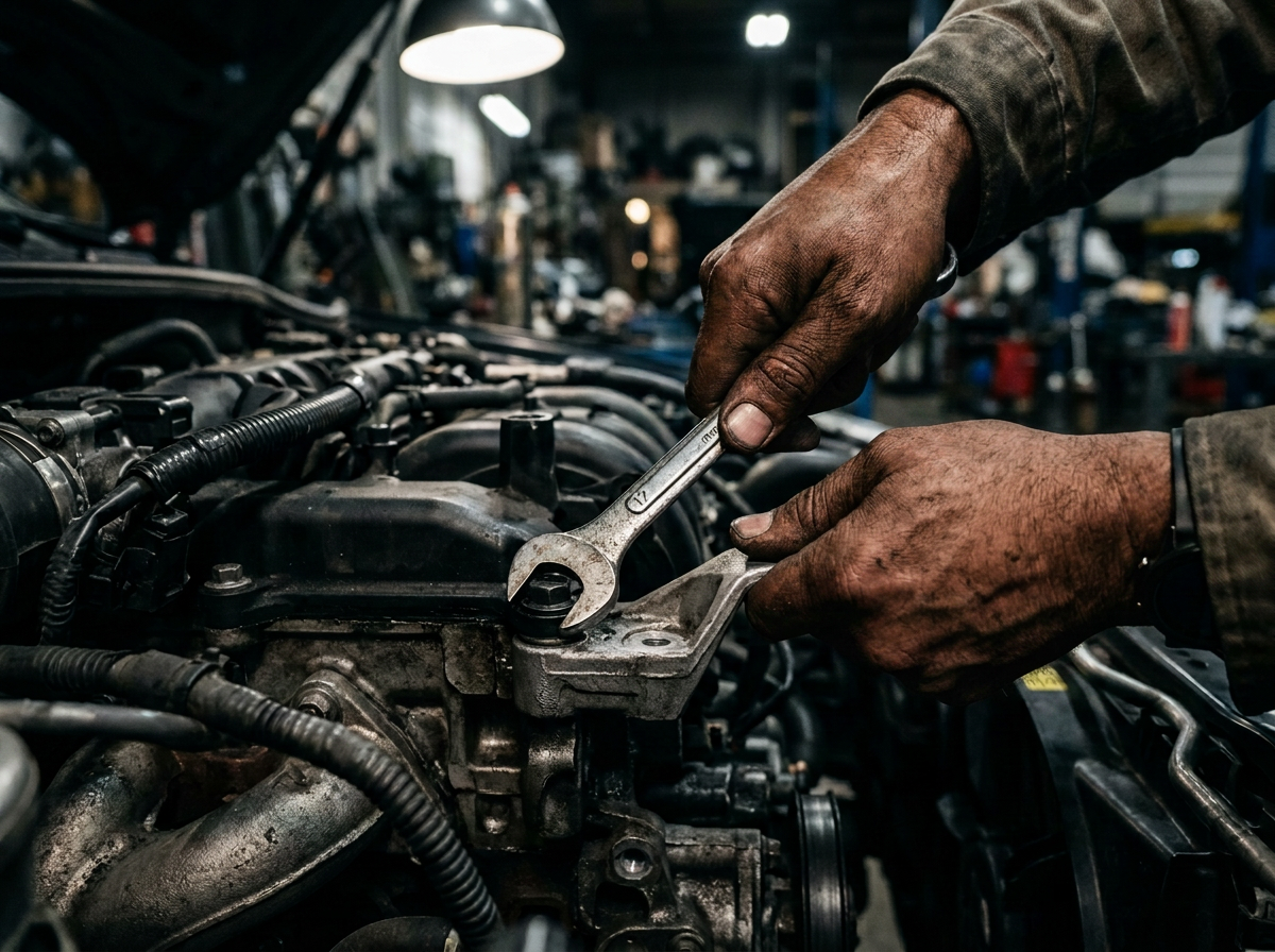 Mechanic's hands using a wrench to secure an engine component under dramatic shop lighting