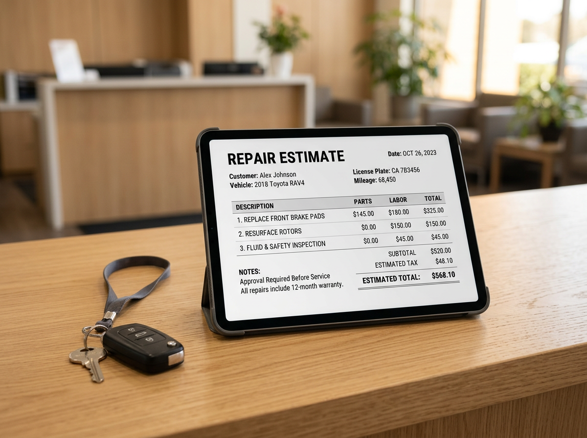 Tablet displaying an itemized car repair estimate on a service counter beside a set of car keys