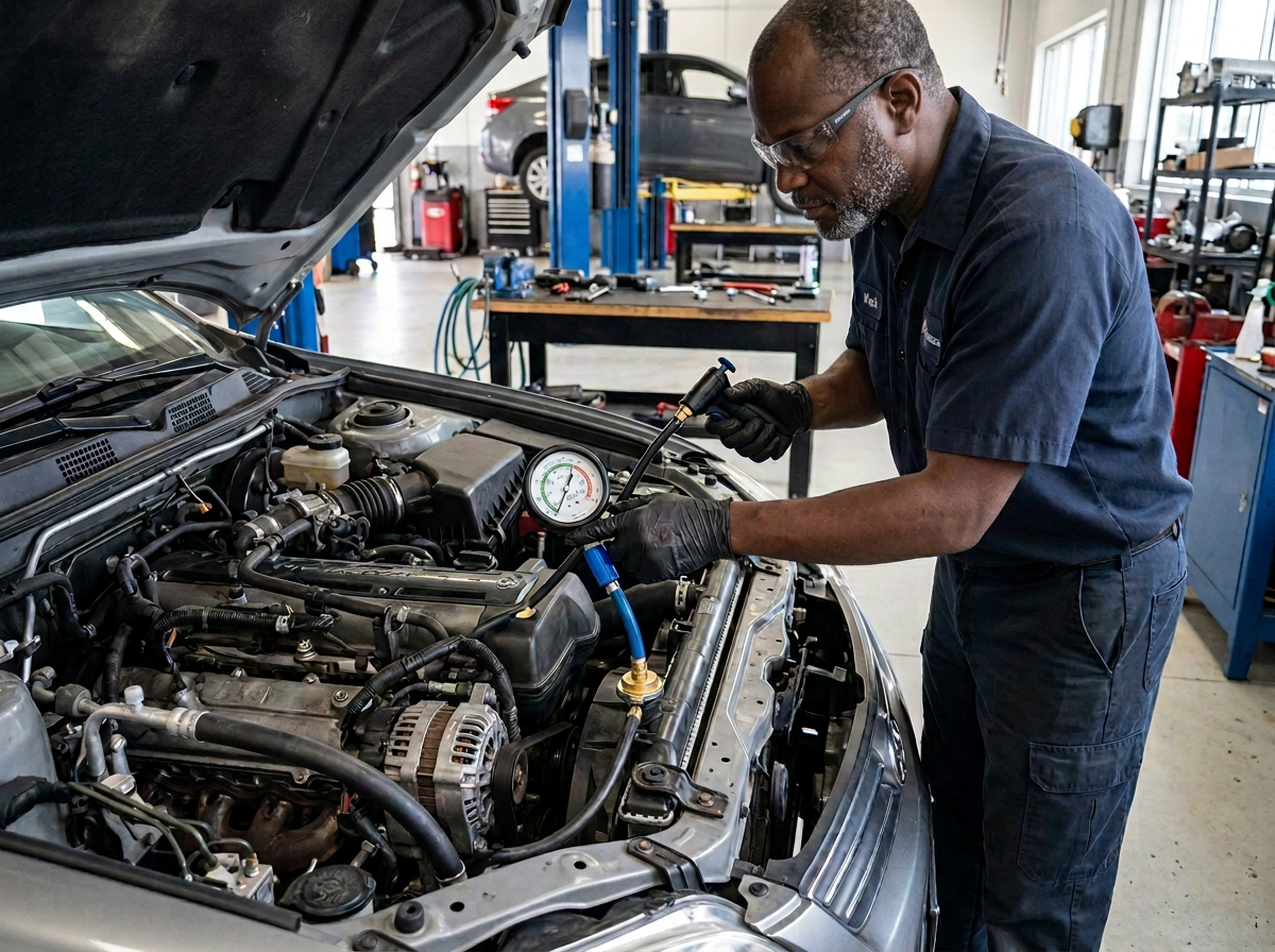 Cooling system pressure tester gauge attached to a radiator filler neck to locate a coolant leak during engine cooling system service