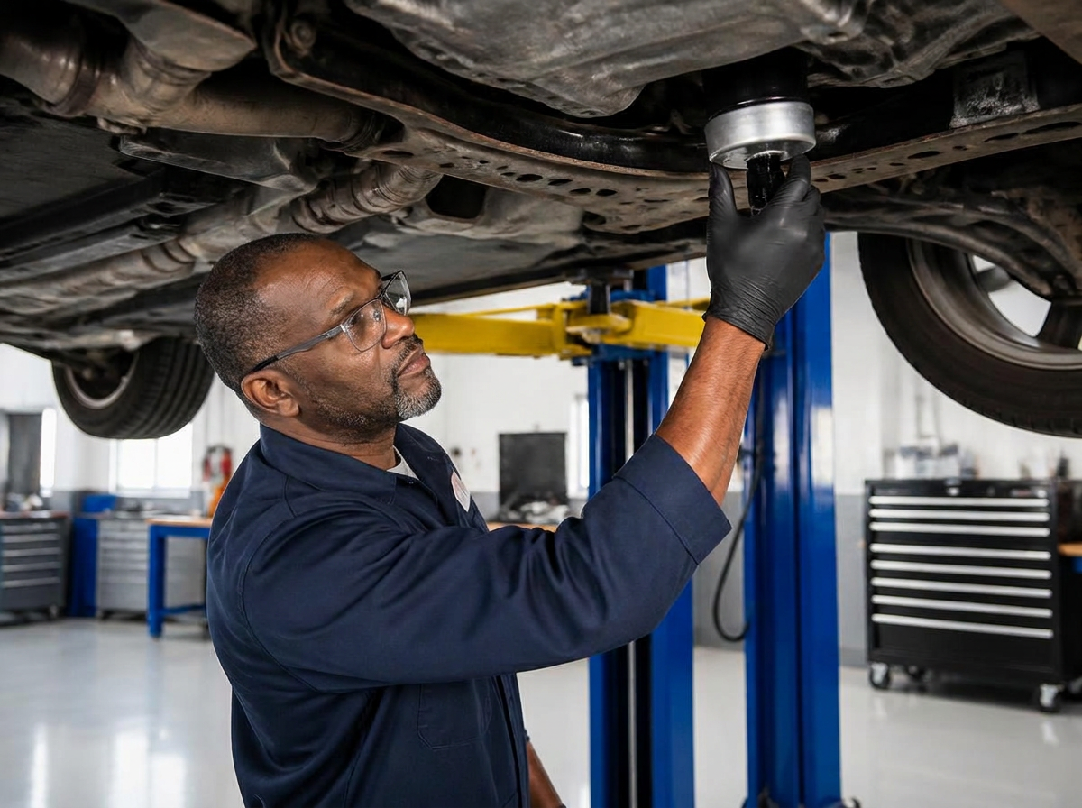 Cup-style oil filter wrench removing an engine oil filter from underneath a vehicle during a routine oil change service