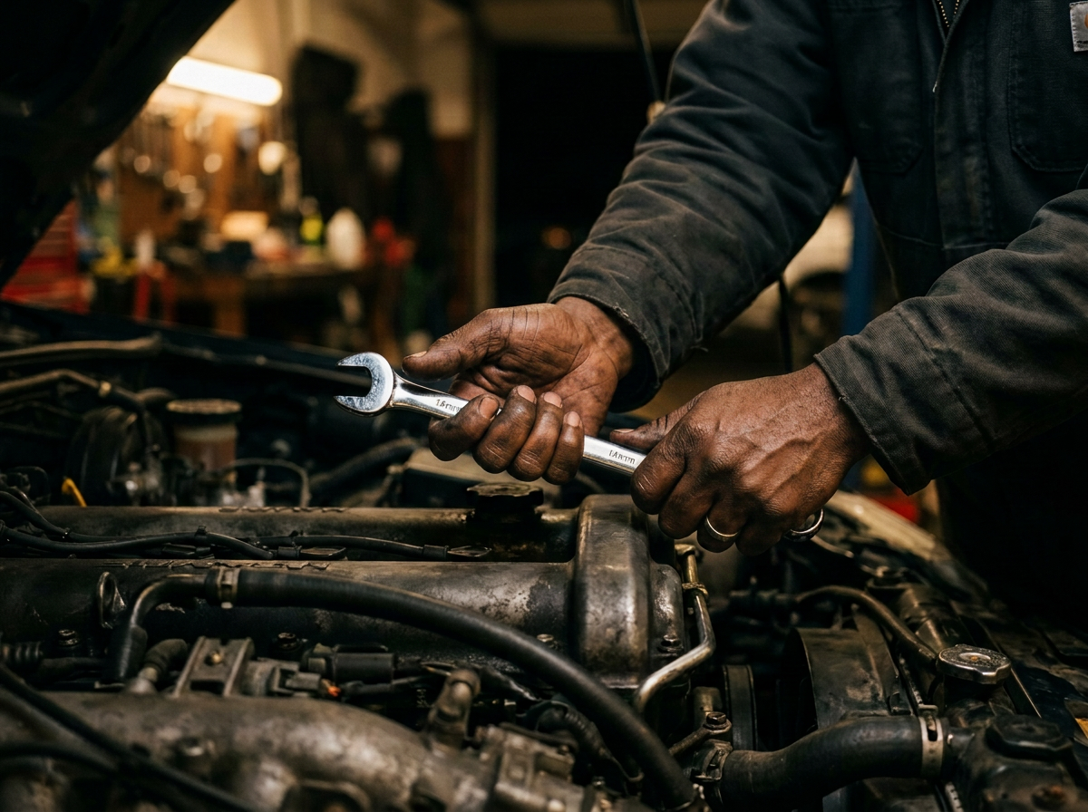 Master mechanic's hands holding a chrome combination wrench over an open car engine bay
