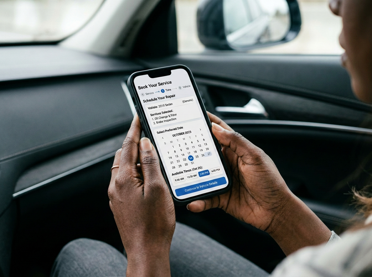 Driver's hands holding a smartphone showing an auto repair booking screen inside a car