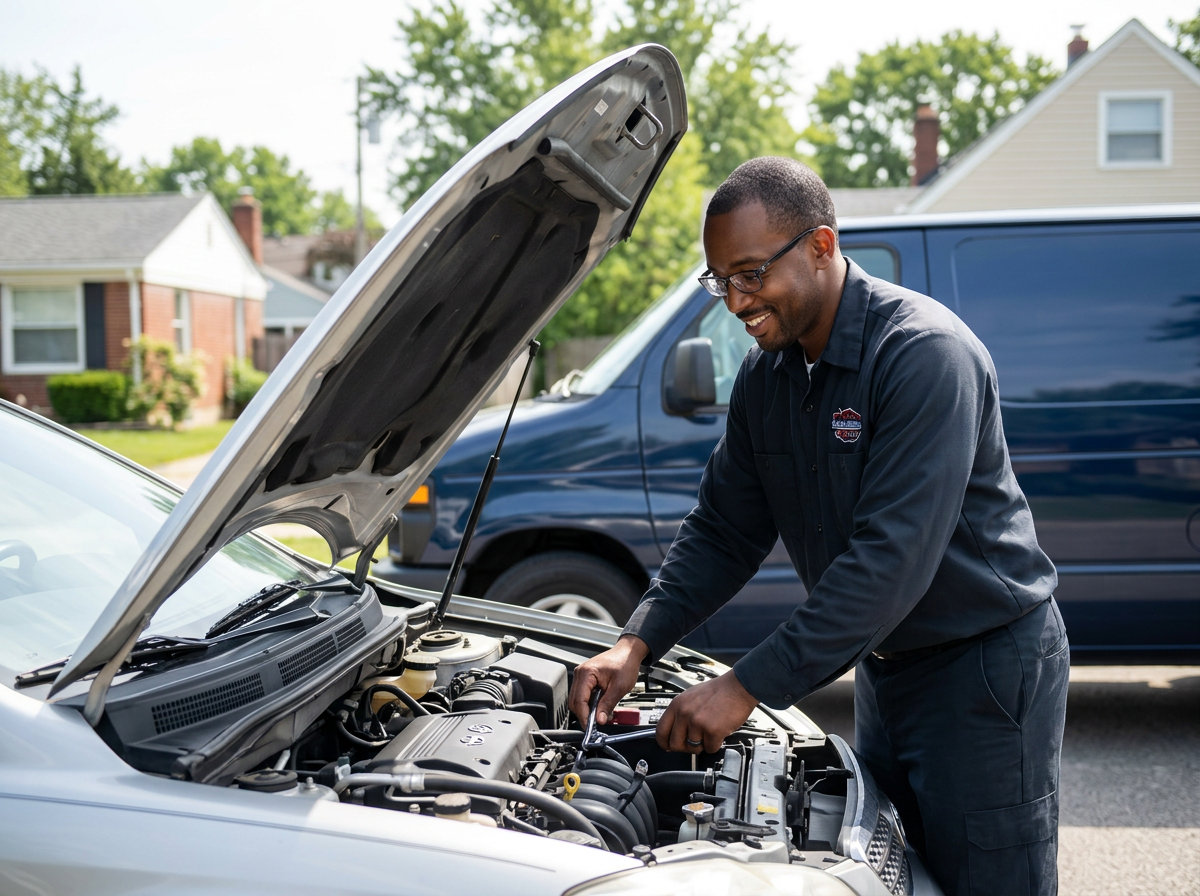 Mobile mechanic at a service van parked beside a car with its hood open on a residential street