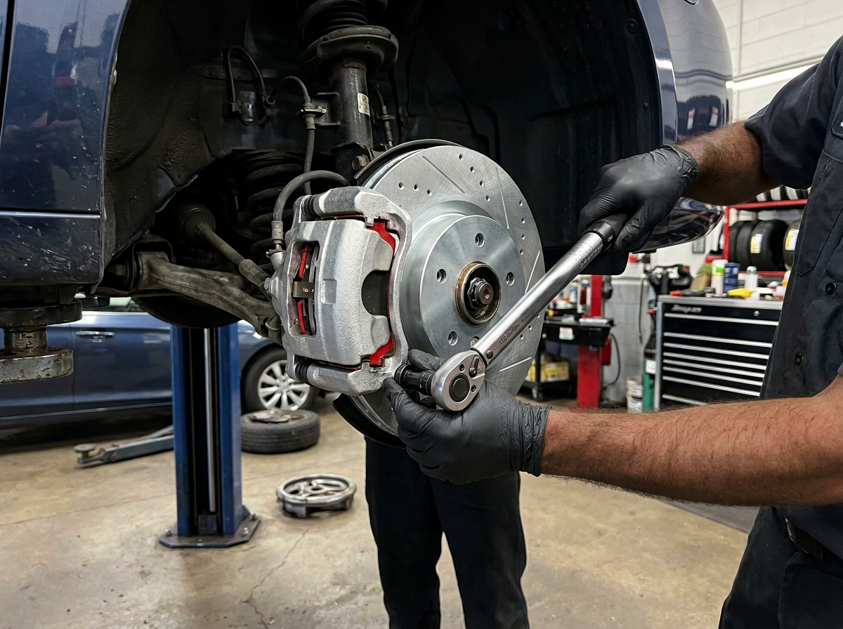 Torque wrench tightening a brake caliper bolt beside a new vented brake rotor during a brake pad and rotor replacement on a vehicle lift