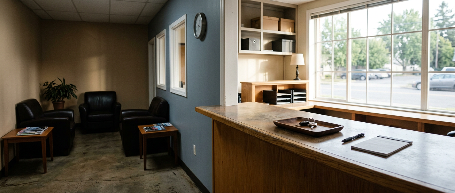 Panoramic view of an auto repair shop front counter with car keys on a wooden tray beside a sunlit window and a dim customer waiting area