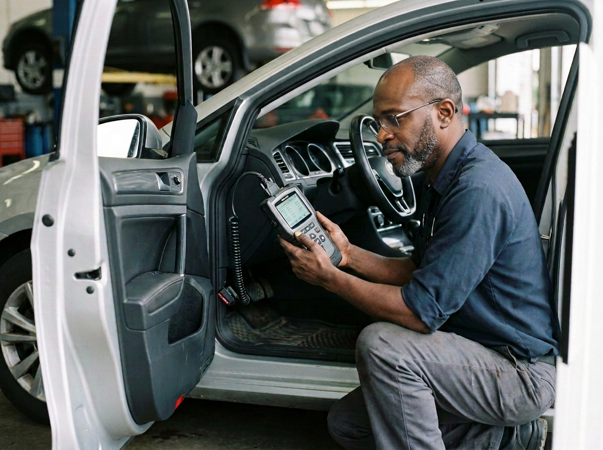Technician connecting a digital diagnostic scanner to an open engine bay in a clean modern workshop