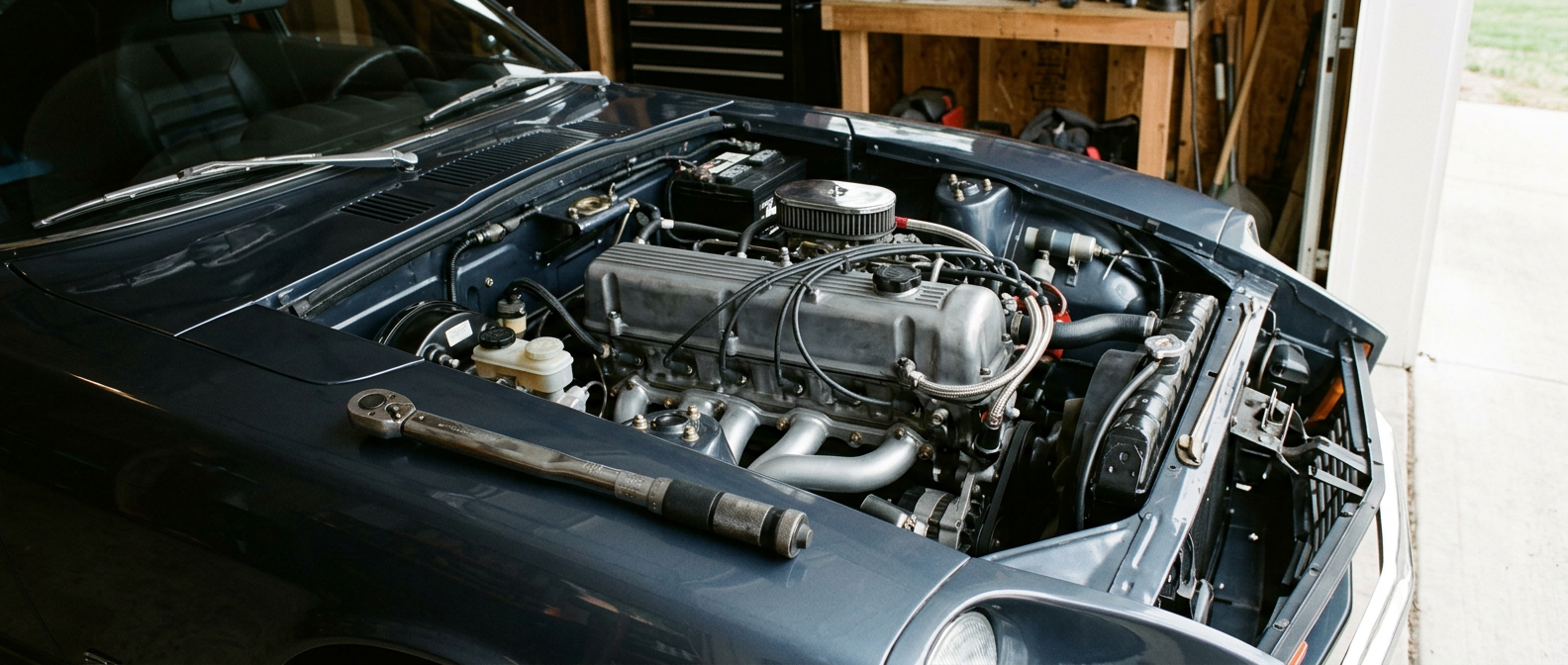 Panoramic close-up of a clean car engine bay with the hood open in a garage and a realistic torque wrench resting on the fender in natural side light