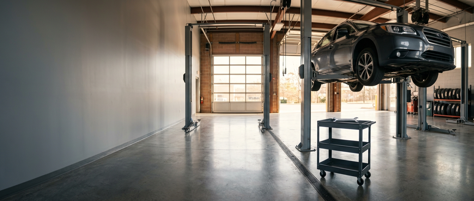 Panoramic view of a clean auto repair shop bay with a car raised on a two-post lift in natural daylight and a single wrench on a rolling tool cart