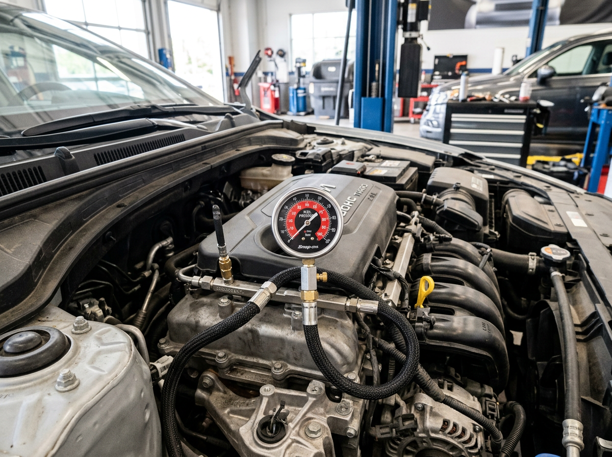 Fuel pressure test gauge connected to an engine fuel rail test port while measuring fuel pump pressure during fuel system testing