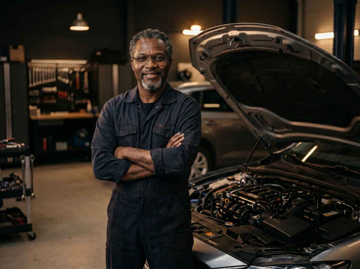 Owner-operator mechanic standing with arms crossed in front of an open car hood in his garage