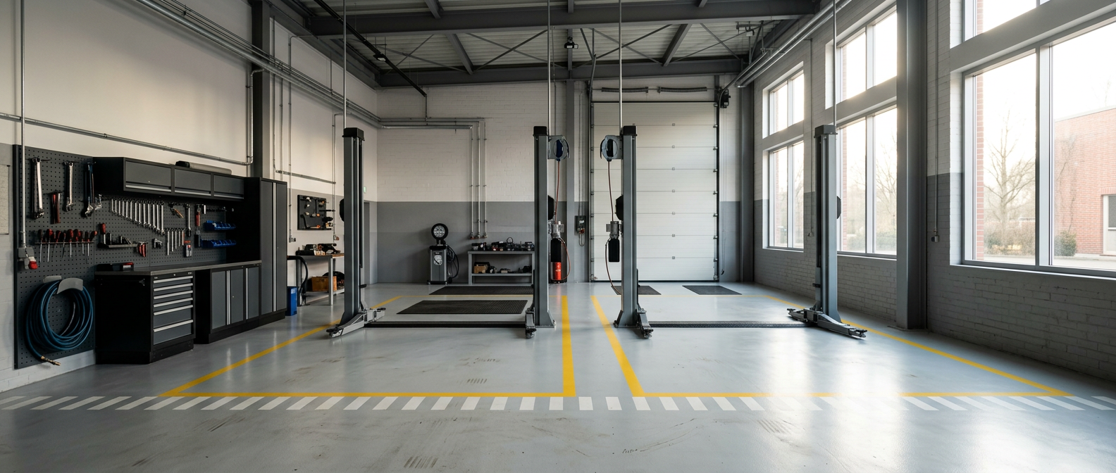 Panoramic view of a bright auto repair shop with two empty vehicle lifts, daylight through tall windows and an organized tool wall in soft shadow