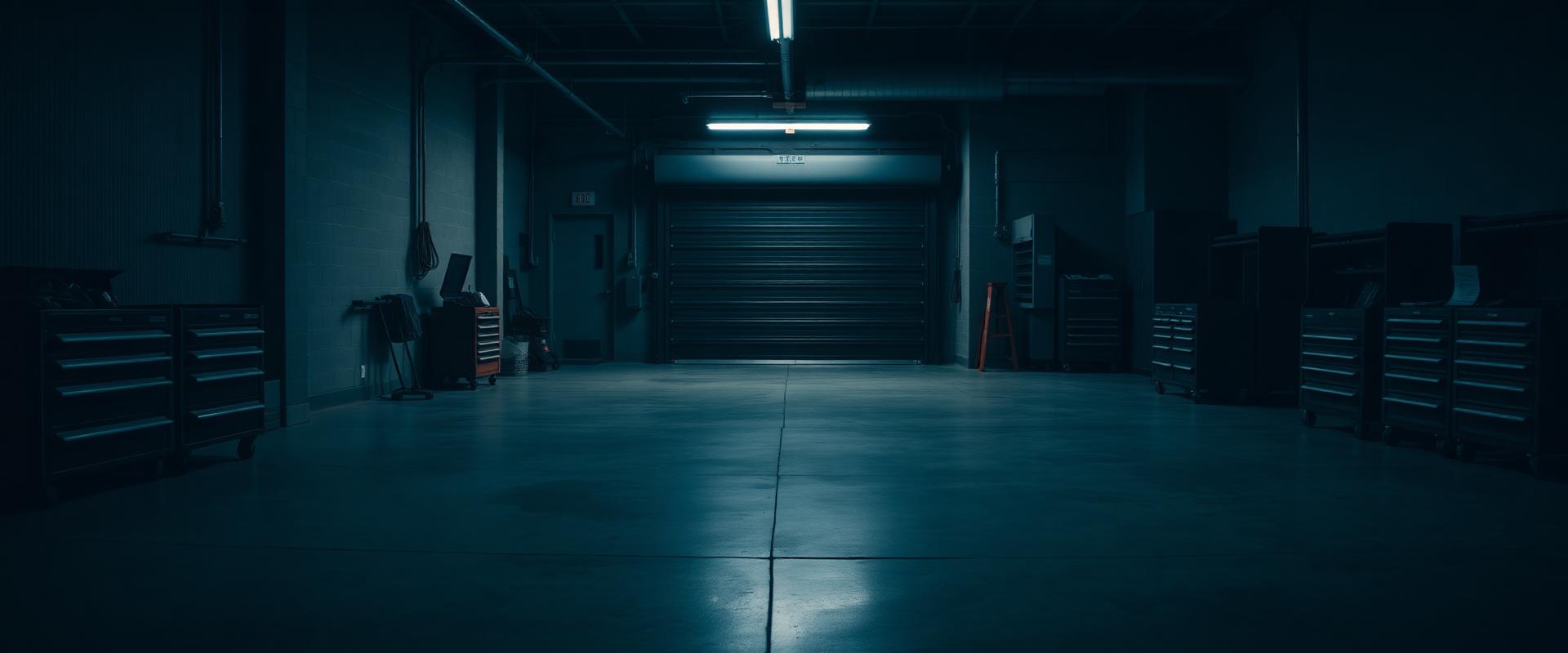 Dimly lit auto repair garage bay with tool chests and a closed roll-up door at Speedy Underhood Service in Columbus, Ohio
