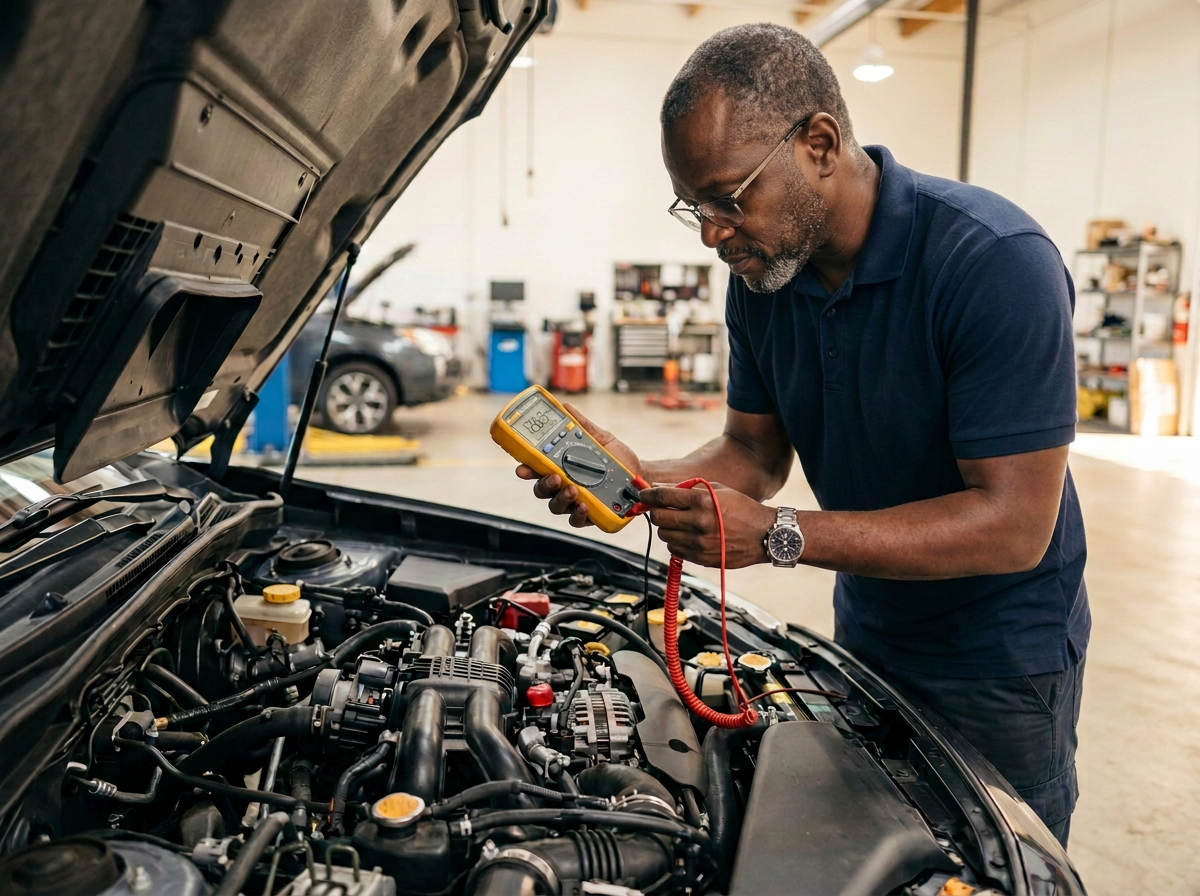 Mechanic holding a digital multimeter in one hand and a red test probe in the other while checking an automotive electrical connector in an engine bay
