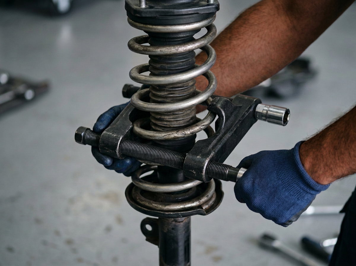 Coil spring compressor clamped onto a suspension strut assembly during a strut and spring replacement suspension service